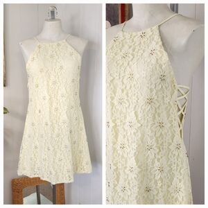 Zara Yellow Lace Sequin Mini Dress Floral Lattice Size Small Special Ocassion